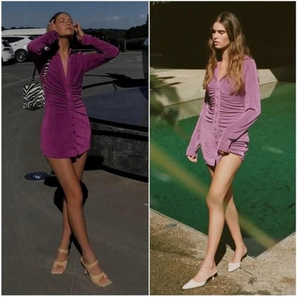 With Jeans Andy Mini Dress Womens Pink Ruched Long Sleeve Button Front Purple XS